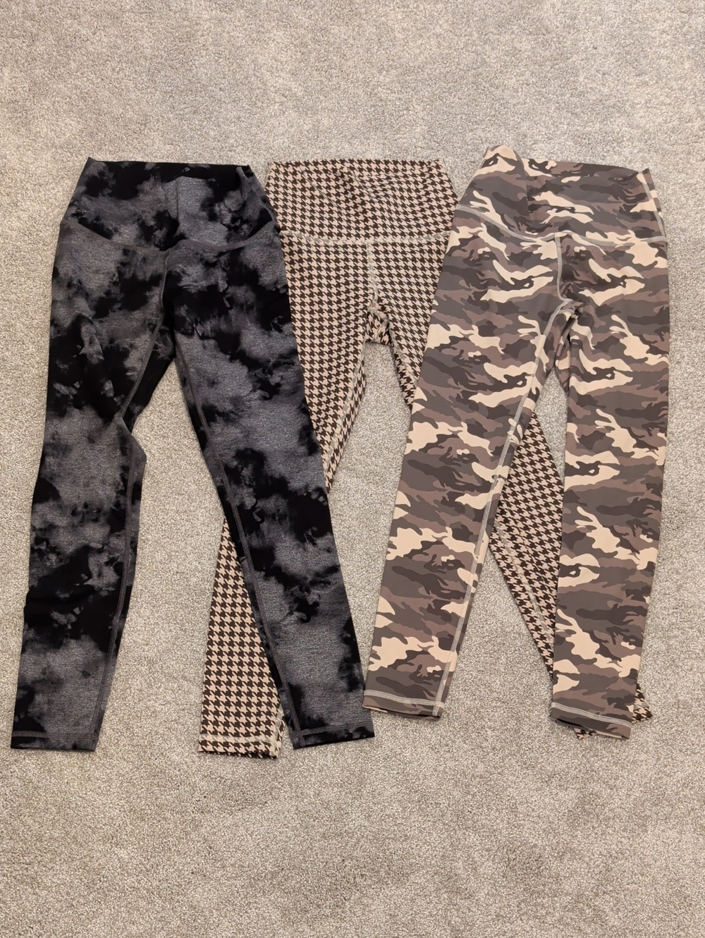 Fleo Black Tie-Dye, Brown Houndstooth & Tan Camo Leggings Trio - Picture 1 of 1